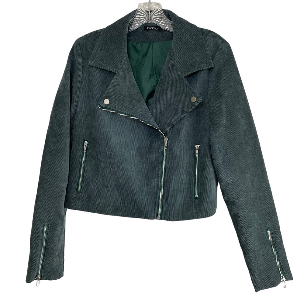 Boohoo women’s cropped corduroy jacket dark olive green size 8
